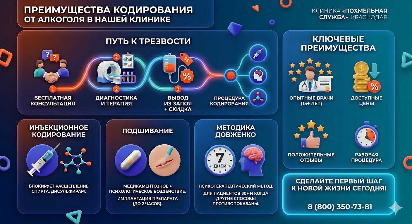 Инфографика о методах кодирования от алкоголя в Свердловский: инъекции, подшивание, метод Довженко. Преимущества клиники и этапы лечения.