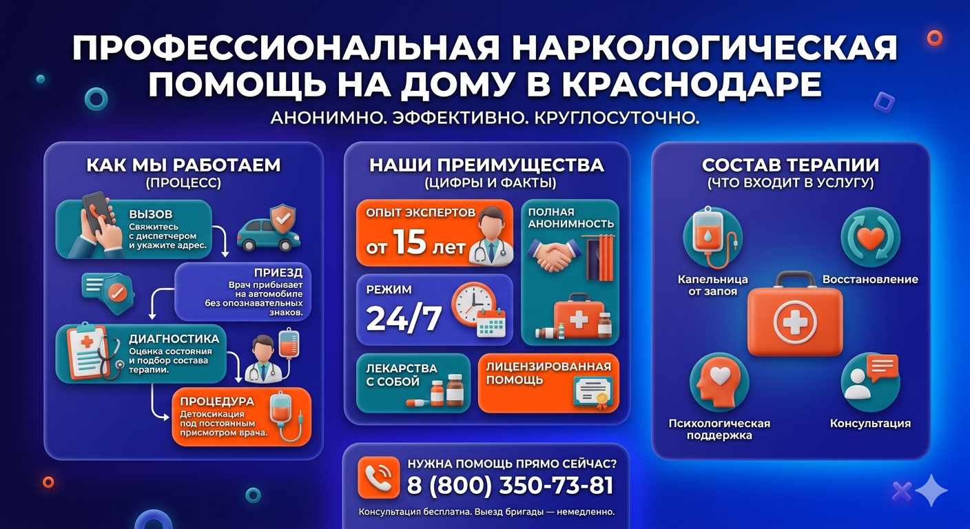 Инфографика о принципах лечения алкоголизма на дому в Свердловский: этапы вызова нарколога, преимущества анонимной детоксикации и состав медицинской помощи.